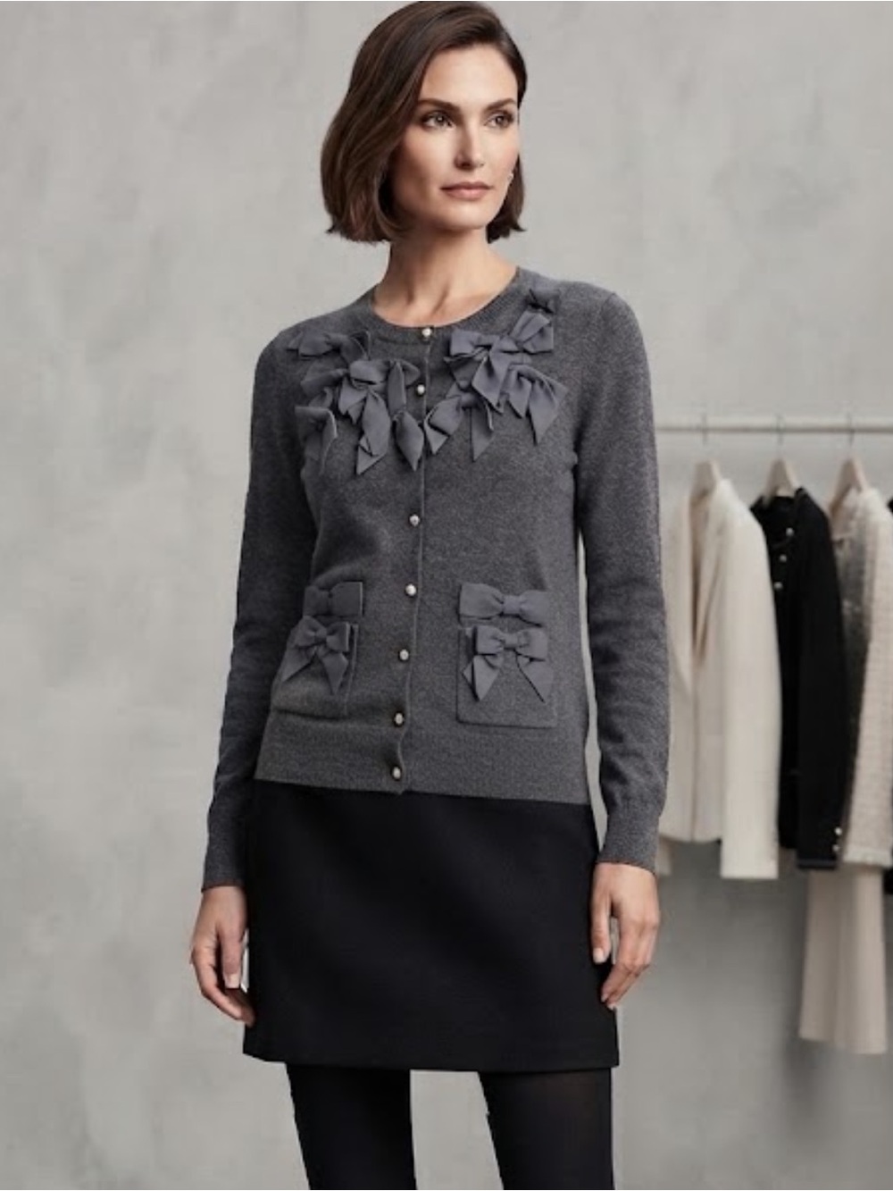 Ann Taylor Gray Merino Wool Pearl Button w Bow’s Cardigan Size S